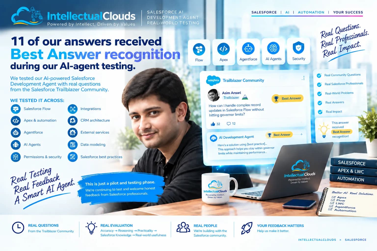 Salesforce AI Development Agent evaluation workflow using Flow, Apex, Agentforce, security controls, and expert review.