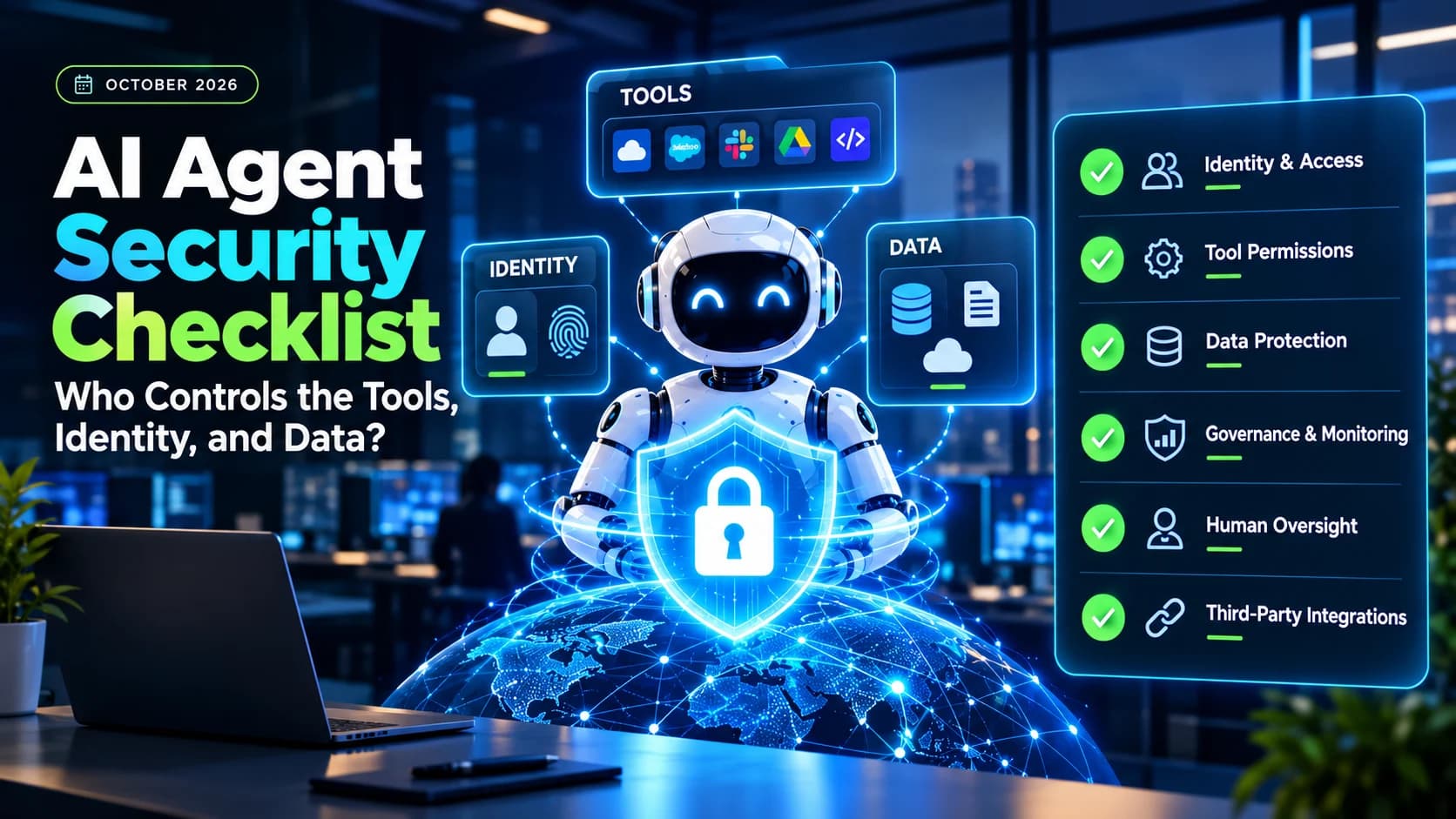 Enterprise AI agent security checklist showing protected tools, scoped identity, data controls, MCP connections, and human approval.