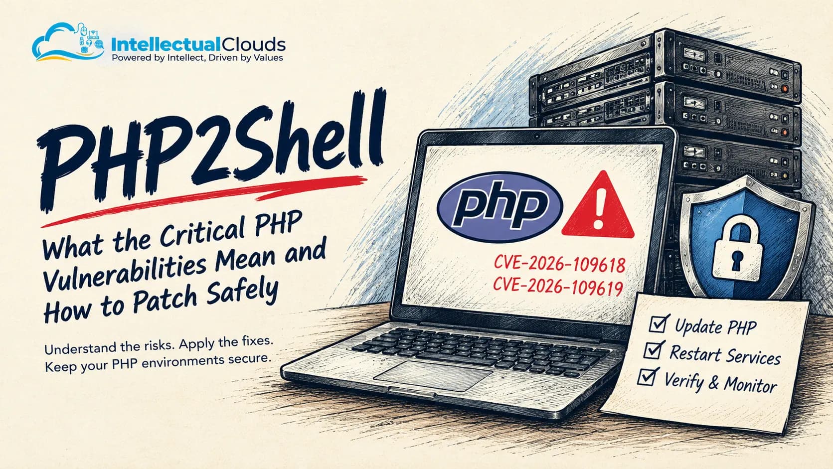 PHP2Shell critical PHP vulnerability emergency patch alert showing affected and fixed PHP versions: 8.2.35, 8.3.36, 8.4.27, 8.5.12